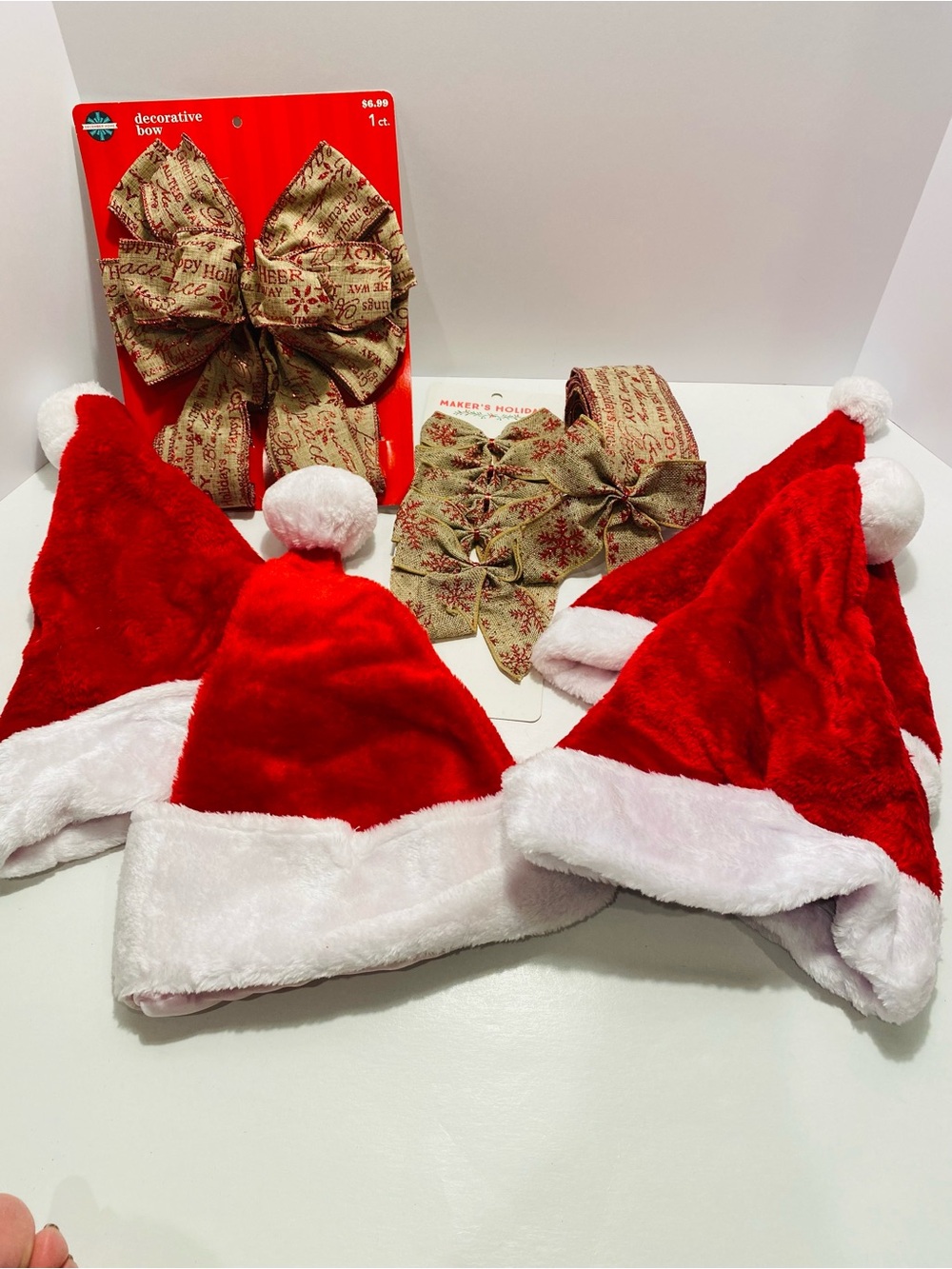 Set of 4 Santa Hats, holiday wire ribbon, cat stocking VINTAGE